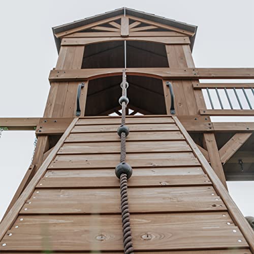 Backyard Discovery Sterling Point All Cedar Wooden Swing Set, Raised Clubhouse,Web Swing, Climbing Wall, 10ft Wave Slide, 2 Belt Swings, Front Porch, Backyard Discovery