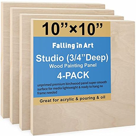 Falling in Art Unfinished Birch Wood Canvas Panels Kit, Falling in Art 4 Pack of 10x10’’ Studio 3/4’’ Deep Cradle Boards for Pouring Art, Crafts, Falling in Art