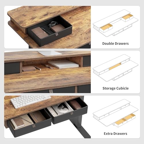 FEZIBO 55 x 24 Electric Standing Desk Adjustable Height with 4 Drawers, Sit Stand Desk with Storage Shelf, Rising Desk with Splice Board, Black FEZIBO