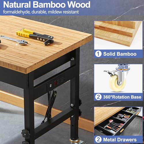 Work Bench, Adjustable Workbench with Drawer Storage, Heavy Duty Bamboo Wood Work Table with Power Outlet and Wheels for Garage Home Office (59×23.6