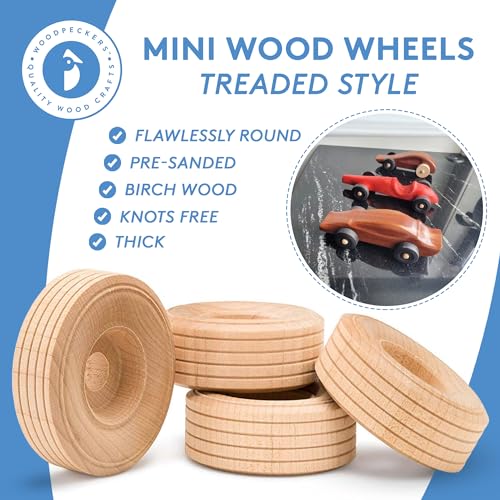 Mini Wood Wheels Treaded Style, 2 Inch Diameter, Pack of 24, for Crafts and DIY Car Models, by Woodpeckers