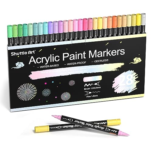28 Pastel Colors Dual Tip Acrylic Paint Markers, Brush Tip and Fine Tip Acrylic Paint Pens for Rock Painting, Ceramic, Wood, Canvas, Plastic, Glass,