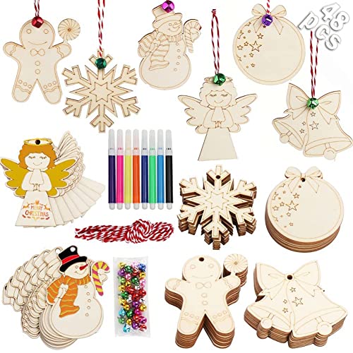OurWarm 48pcs Wooden Christmas Ornaments Crafts for Kids, Unfinished Wood Slices Ornaments, DIY Crafts Christmas Ornaments Set for Christmas Tree OurWarm