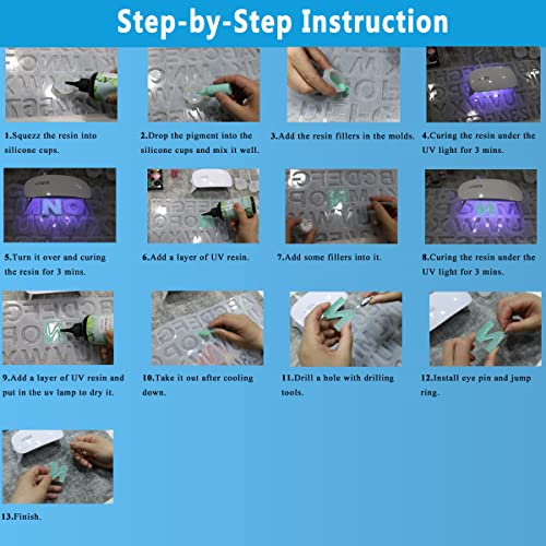 Miraclekoo UV Resin Kit with Light and Alphabet Resin Molds for Beginners, 7oz UV Epoxy Resin and Supplies with UV Lamp Resin Jewelry Molds Starter Miraclekoo