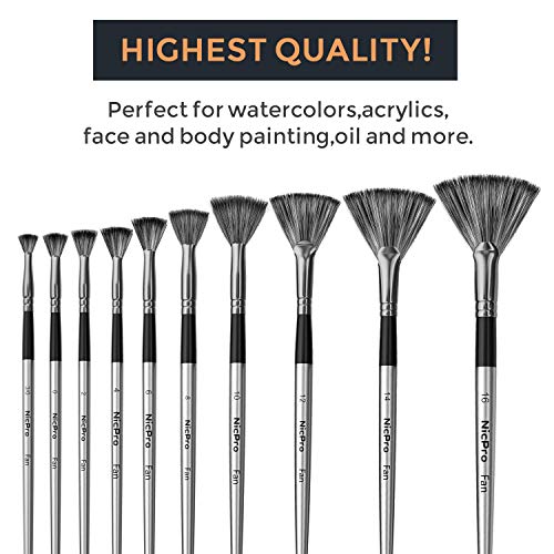 Nicpro Fan Paint Brushes 10 PCS Artist Painting Brush Set Soft Anti-Shedding Nylon Hair Wood Short Handle for Acrylic Watercolor Oil Painting Nicpro