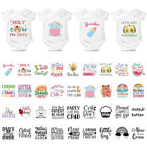 Teling 36 Pcs Iron on Decals Baby Shower Games Iron on Transfers Stickers Patches Baby Bodysuit Making Bibs Decorating Kit Funny Woodland Animal Teling