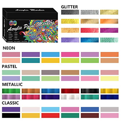 RESTLY Acrylic Paint Pens, 60 Colors Acrylic Paint Marker, 0.7mm Extra Fine Paint Pens for Canvas, Rock Painting, Wood, Glass, Metal, Ceramic, stone