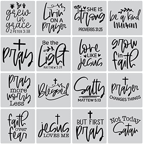 16PCS Christian Faith Stencils with Quotes and Bible Verses, Inspirational Word Stencil Set, Ideal for Painting on Wood, Canvas, Walls, Furniture,