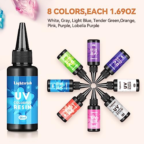 Colored UV Resin,8 Colors UV Resin Kit,Quick Ultraviolet Curing Epoxy Resin for Craft,Jewelry Making,DIY Making, (50g Each) LIGHTWISH