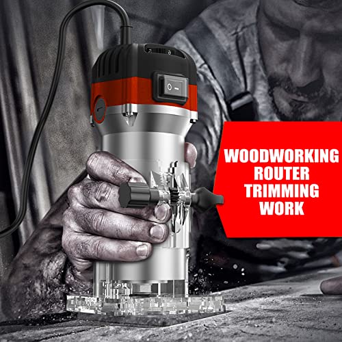 Wood Router Tool Woodworking Trimmer - 6 Variable Speed 1.25HP with 15 Pieces 1/4" Router Bits Set Electric Handheld Corded Palm Wood Router
