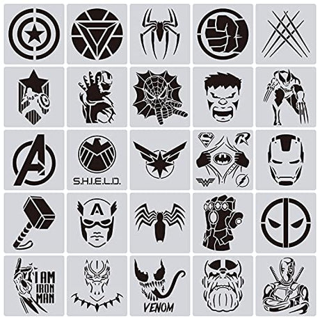 25 Pcs Superhero Stencils for Painting on Wood Canvas - Kids Drawing Painting Stencil Art Supplies Superhero Avatars and Logo Stencils for Home Decor CZONG