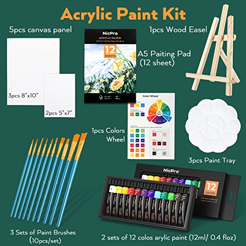Nicpro Acrylic Paint Set, Kid & Adult Art Painting Party Kit, 2 Set of Acrylic Paint (12 Colors), 30pcs Paint Brushes,5 Canvas Panel,Wood Easel,3
