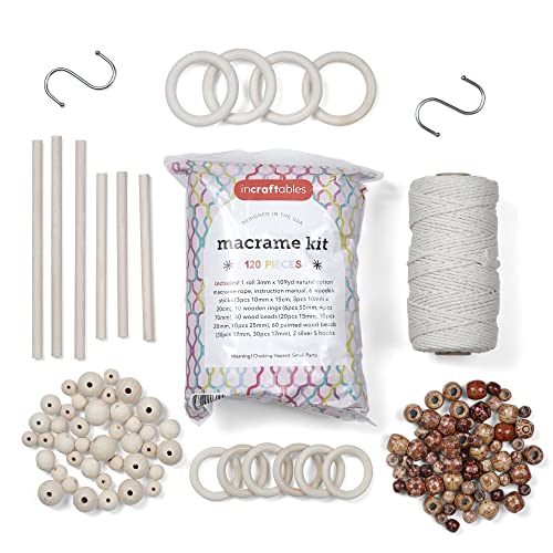 Incraftables Macrame Kits for Adults Beginners & Kids. Macrame Supplies with Natural Cotton Macrame Rope Cord, Wooden Sticks, Rings, Wood Beads, S Incraftables