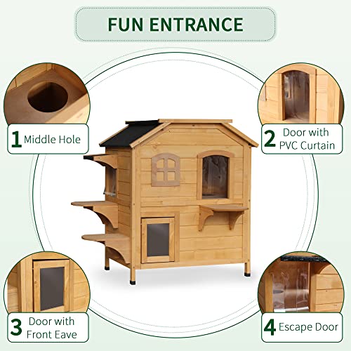 PawHut 2-Story Cat House Outdoor, Weatherproof Wooden Cat Enclosure for Feral Cats with Escape Door, Openable Roof, Jumping Platforms, Natural - WoodArtSupply