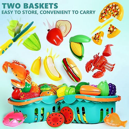 100 Pcs Play Food Set for Kids Kitchen, Pretend Food Toy for Toddlers Age 1-3, Plastics Cutting Fake Food/ Fruit/ Vegetable Accessories with 2
