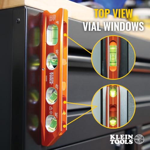 Klein Tools 935RB Torpedo Level, 8-Inch Billet Magnetic Level, 0/30/45/90 Degree Vials, V-Groove, Tapered Nose, High-Visibility Vial and Body - WoodArtSupply