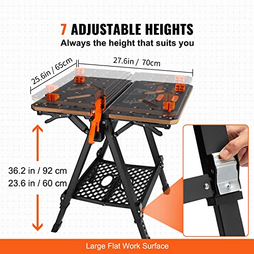 VEVOR Folding Work Table, 2-in-1 as Sawhorse & Workbench, 1000 lbs Capacity, 7 Adjustable Heights, Steel Legs, Portable Foldable Tool Stand with Wood VEVOR