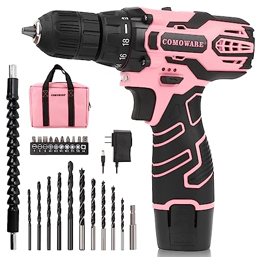 COMOWARE Cordless Drill Set, 12V Power Drill, Pink Drill Set for Women, 1 Battery & Charger, 3/8" Keyless Chuck, 2 Variable Speed, 0-450 & 0-1500 COMOWARE