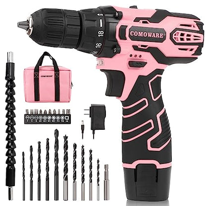 COMOWARE Cordless Drill Set, 12V Power Drill, Pink Drill Set for Women, 1 Battery & Charger, 3/8" Keyless Chuck, 2 Variable Speed, 0-450 & 0-1500