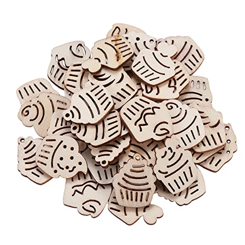 KitBeads 100pcs Random Hollow Cake Unfinished Wood Cutouts Wooden Cupcake Dessert Theme Filligree Wooden Ornament for DIY Crafts Home Decorations KitBeads