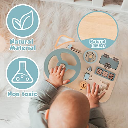 Vanplay Montessori Busy Board for Toddlers, Wooden Sensory Toys, Preschool Learning Activities for Fine Motor Skills Travel Toy, Steering Wheel - WoodArtSupply