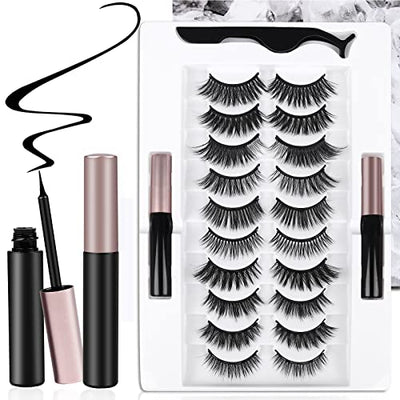 AROIC 10 Kinds of 3D 5D Magnetic Eyelash Kit with Different Density, Magnetic Eyelashes with 2 Magnetic Eyeliner and 1 Tweezer, False Eyelashes for
