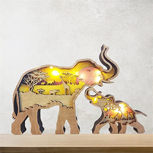 3D Wooden Forest Animal Wall Decor with Light String - Handcrafted Elephant Ornaments for Home Decoration - WoodArtSupply