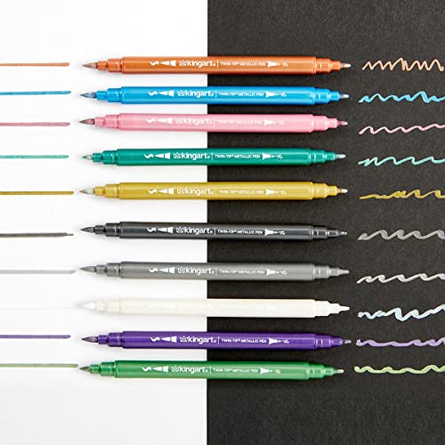KINGART 404-10 Twin-Tip Metallic Pens, Set of 10 Vivid Colors, Double-ended Brush Tip and Fine Tip, Non-Toxic, Quick Drying, Water-based Ink for KINGART