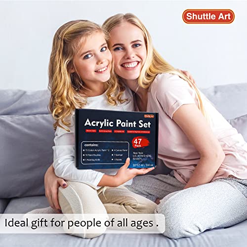 Shuttle Art 47 Pack Acrylic Paint Set, 15 Colors (12ml Each, 2Pack) Acrylic Paint with 10 Brushes Painting Canvas Knife Palette Sponge, Complete Gift Shuttle Art