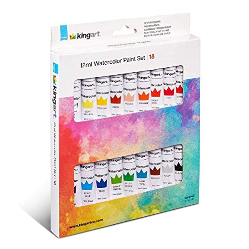 KINGART Studio Watercolor Paint, 12ml (.4oz), Set of 18 Colors KINGART