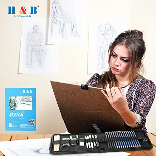 H & B Drawing Pencils Set, 33 Pieces Sketch Pencils & Drawing Kit, Includes Sketch Pad, Graphite Pencils, Charcoal Sticks and Eraser, Supplies for H & B
