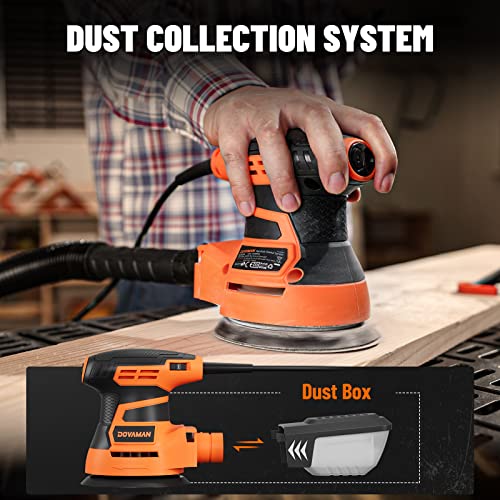 DOVAMAN ROS01A Orbital Sander, 3A Random Orbit Sander, 6 Variable Speeds, Up to 13000 rpm, 12pcs Sandpapers, 5in Sanding Pad, Dust Collection, DOVAMAN