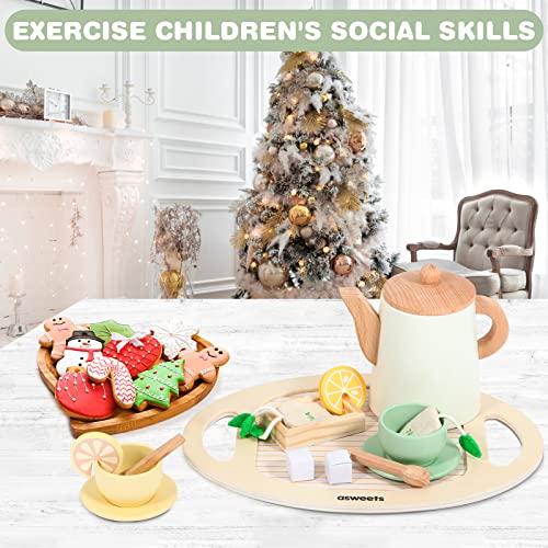 Asweets Wooden Tea Set for Little Girls,Tea Party Set Play Kitchen Accessories for Kid Playset Pretend Toddler Tea Set Toy Asweets