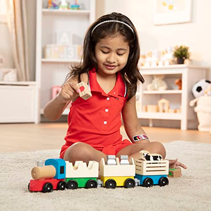 Melissa & Doug Wooden Farm Train Set - Classic Wooden Toy (3 linking cars) - WoodArtSupply