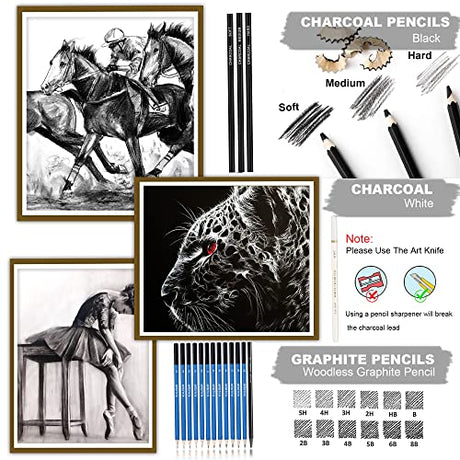 KALOUR 33 Pieces Pro Drawing Kit Sketching Pencils Set,Portable Zippered Travel Case-Charcoal Pencils, Sketch Pencils, Charcoal KALOUR
