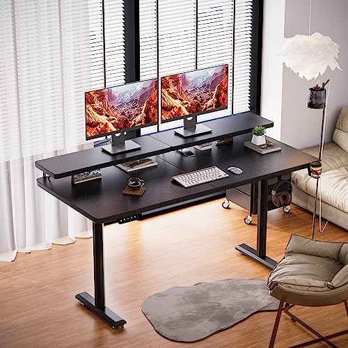 Shahoo Electric Standing Desk with Monitor Shelf, 55 x 24 Inches Height Adjustable Corner Table, Computer Workstation with Cup Holder and Hook for - WoodArtSupply