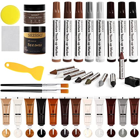 DEWEL Wood Furniture Repair Kit, New Upgrade Wood Fillers, Furniture Touch Up Markers, Wax Sticks, Wood Putty with Beeswax for Cracks, Wood Hole, DEWEL