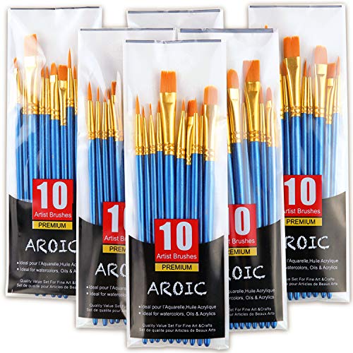 Acrylic Paint Brush Set, 6 Packs / 60 pcs Nylon Hair Brushes for All Purpose Oil Watercolor Painting Artist Professional Kits AROIC