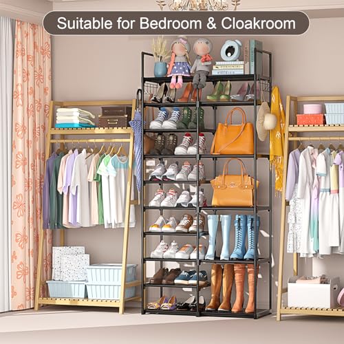 Kottwca 2 Row 10 Tier Tall Shoe Rack Organizer for Closet Entryway, 40-45 Pair Shoe Boot Storage Rack, Metal Shoe Shelf Small Vertical Stackable Shoe Kottwca