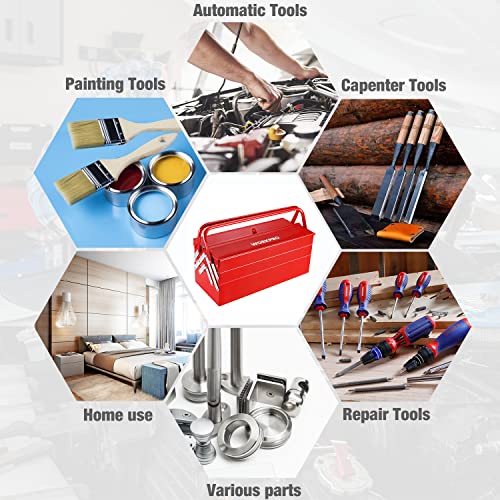 WORKPRO Metal Tool Box, 18-inch Cantilever Folding Red Storage Box, 3-Layer 5-Tray Multi-Function Tool Organizer, Red WORKPRO