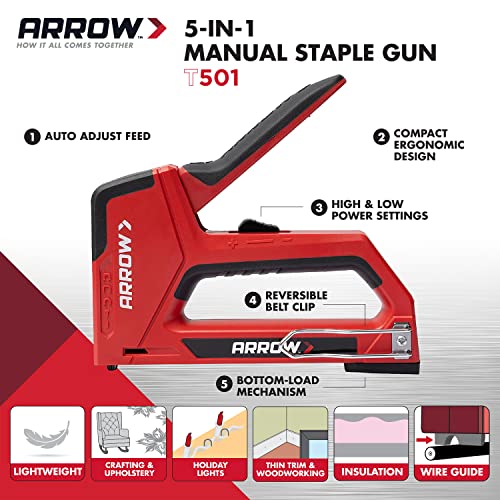 Arrow T501 5-in-1 Manual Staple and Nail Gun, Wire Stapler, and Brad Nailer for Wood, Upholstery, Construction, Insulation, Crafts, Fencing, and Arrow Fastener