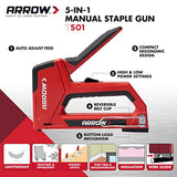 Arrow T501 5-in-1 Manual Staple and Nail Gun, Wire Stapler, and Brad Nailer for Wood, Upholstery, Construction, Insulation, Crafts, Fencing, and Arrow Fastener