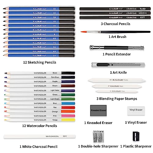 KALOUR Sketching Coloring Art Set - 38 Pieces Drawing Kit with Sketch Pencils,Watercolor Pencils,Charcoal,Brush,Eraser -Portable Zippered Travel Case KALOUR