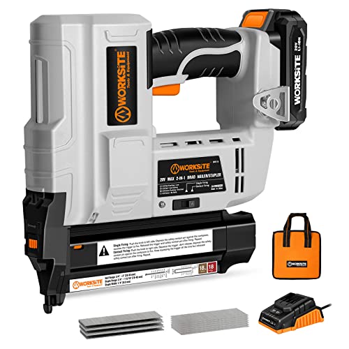 WORKSITE Cordless Brad Nailer, 18 Gauge 2 in 1 Cordless Nail Gun/Staple Gun with 2.0A Battery, Fast Charger, LED Light for Upholstery, Carpentry and - WoodArtSupply