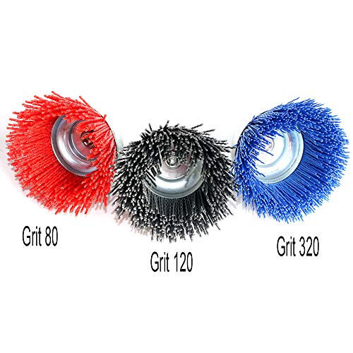 FPPO 3Pcs 3 Inch Assorted Cup Brushes Abrasive Wire Nylon Cup Brush for Drill,Grit 80 120 320 with 1/4" Shank,Rotary Brushes for Machines
