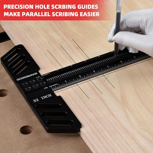 GOINGMAKE Woodworking T-Square 32 Inch Aluminum Alloy T Square Ruler 1/32" Hole Scrbing Guides Positioning Scribe Tool Precision Woodworking Ruler - WoodArtSupply