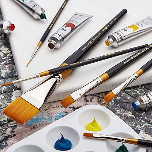 KINGART Premium Original Gold Series Handcrafted Golden Taklon Multimedia Artist Brushes, Gift Box, Set of 12, Black Glosss Handle, for Oil, Acrylic, KINGART