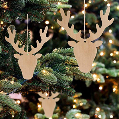 Amosfun 20PCS Wooden Deer Head Christmas Ornaments Pendant Hanging Wooden Pendant Decoration Wooden DIY Craft Christmas Tree Hanging Ornaments