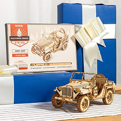 ROKR 3D Wooden Puzzle-Mechanical Car Model-Self Building Vehicle Kits-Brain Teaser Toys-Best Gift for Adults and Kids on Birthday/Christmas Day (Army Field Car)