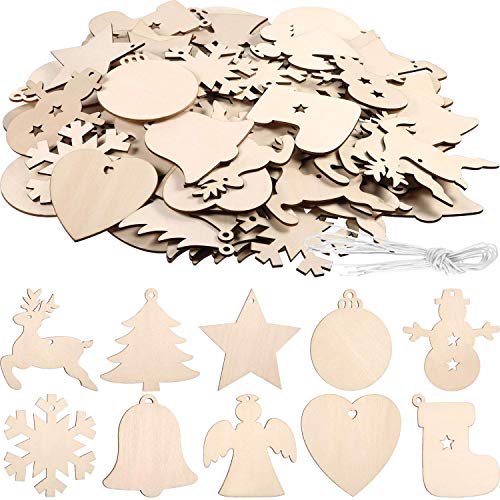 Tatuo 120 Pieces Unfinished Wooden Ornaments Christmas Wood Ornaments Hanging Embellishments Crafts for DIY, Christmas Hanging Decoration in 10